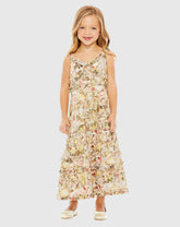 Beige Girls Floral Print Ruffle Tiered Midi Dress